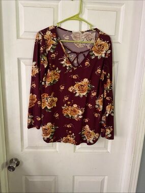 Floral Crisscross V-Neck Long Sleeve Top - Burgundy